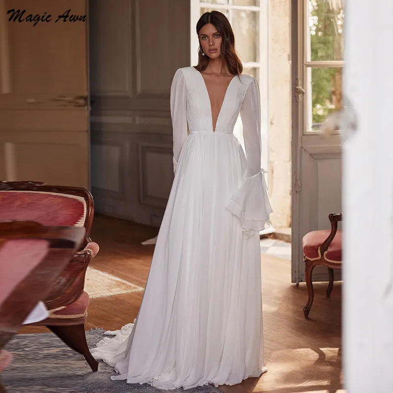 

Magic Awn 2024 Chiffon Wedding Dresses Boho For Women Long Puffy Sleeves V-Neck Backless Beach Simple Bridal Gowns Vestidos