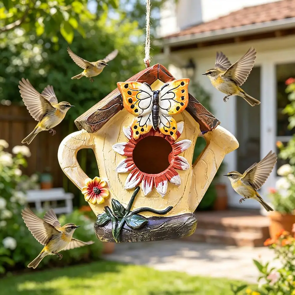Outdoor Bird Feeder Spacious Hand-painted Resin Birdhouse for Garden Waterproof Outdoor Hanging Nesting House Colorful