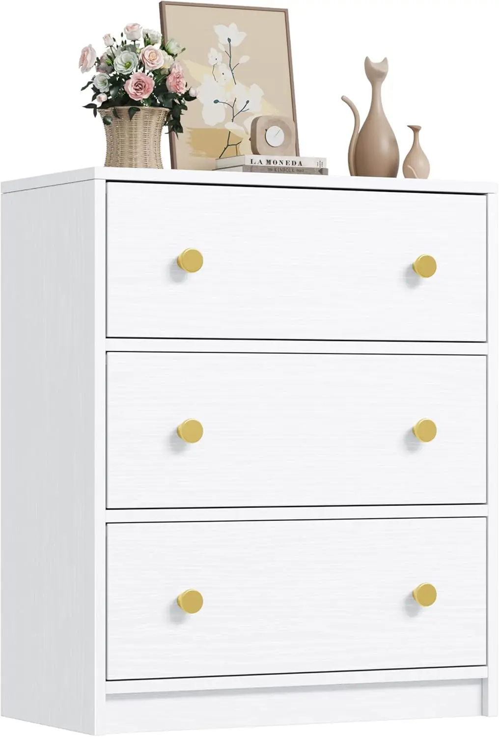 3 Drawer Dresser, White Nightstand for Bedroom with Fabric Drawers, Small Dresser Bedside Table Chest of Drawers for Be