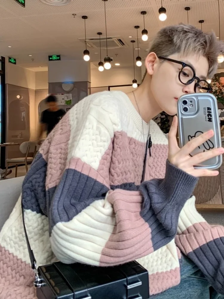 

Trendy American Retro Lazy Sle Knitted Sweater for Men Autumn Winter Pattern Color Blo Twist Knitwear Casual Soft Comfort...