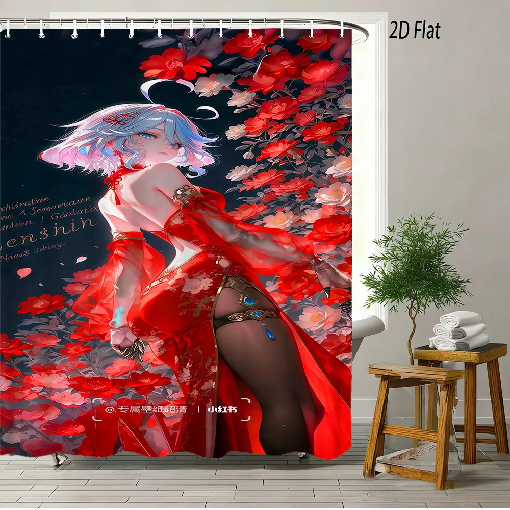 

2D Flat Anime Girl Light Blue Hair Red Cheongsam Floral Background Shower Curtain Waterproof Bathroom Decor