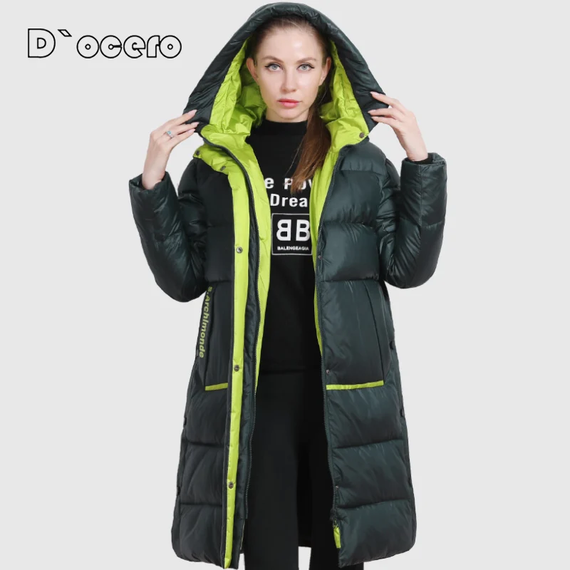 DOCERO 2022 New Winter Jacket Women Casual Loose Contrasting Colors Side split Parkas Thick Quilted Coat Long Hooded Outerwear