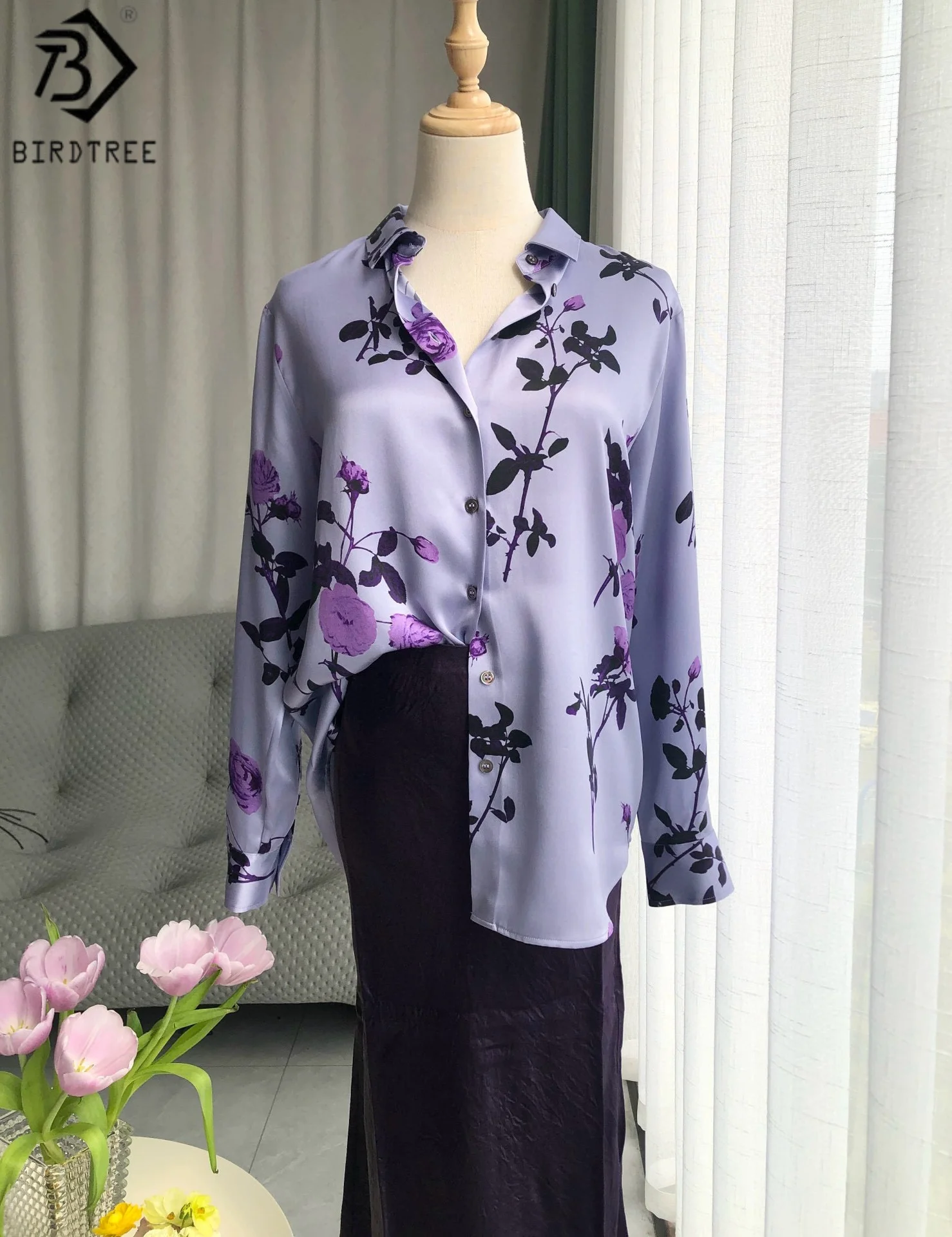 

Birdtree 100% Mulberry Silk Purple Shirt,Women Sand Washing Plain Satin Polo Collar Single Breasted Plant Print Blouse T57837JF