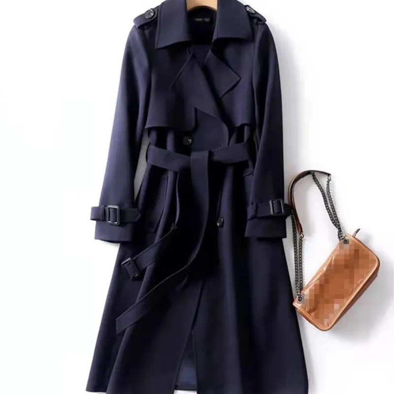 Women\'s Trench Coat 2024 Autumn Korean Long Jacket with Belt Solid Double-breasted British Style Khaki Coat For Women Red Blue