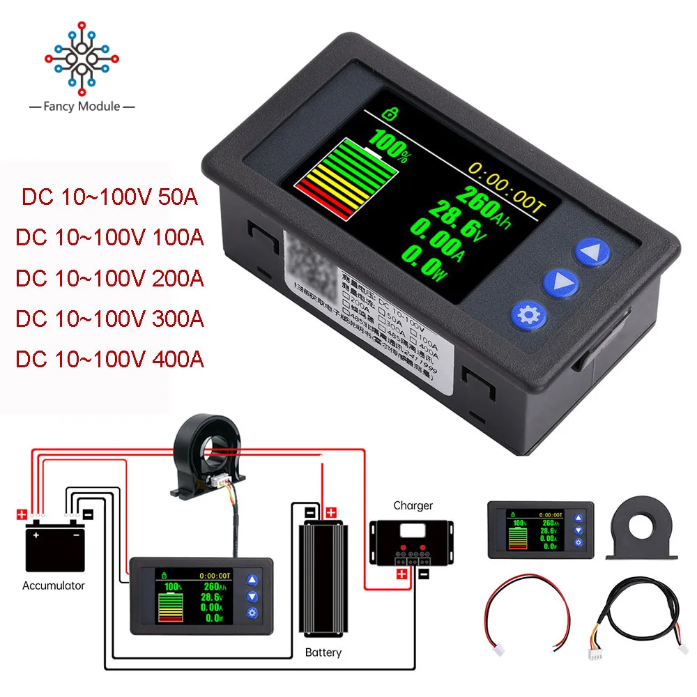 

H56AH DC10V-100V 50A 400A Battery Capacity Coulomb Meter Monitor Capacity Display Hall Sensor Coulomb Tester Voltmeter Ammeter