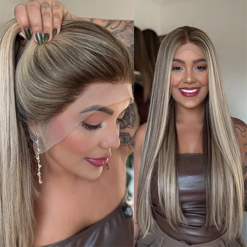 

Soft Long Straight Wig Middle Part 13x4 Ombre Ash Blonde Brown Synthetic Lace Front Wig Preplucked Hairline HD Lace Glueless Wig