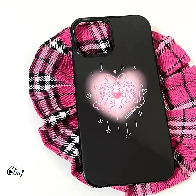 Custodia per cellulare Clmj Angel Cute Cat per iPhone 12 11 13 Pro XS Max XR SE 7 8 Plus custodia per telefono nera custodia in Silicone INS per