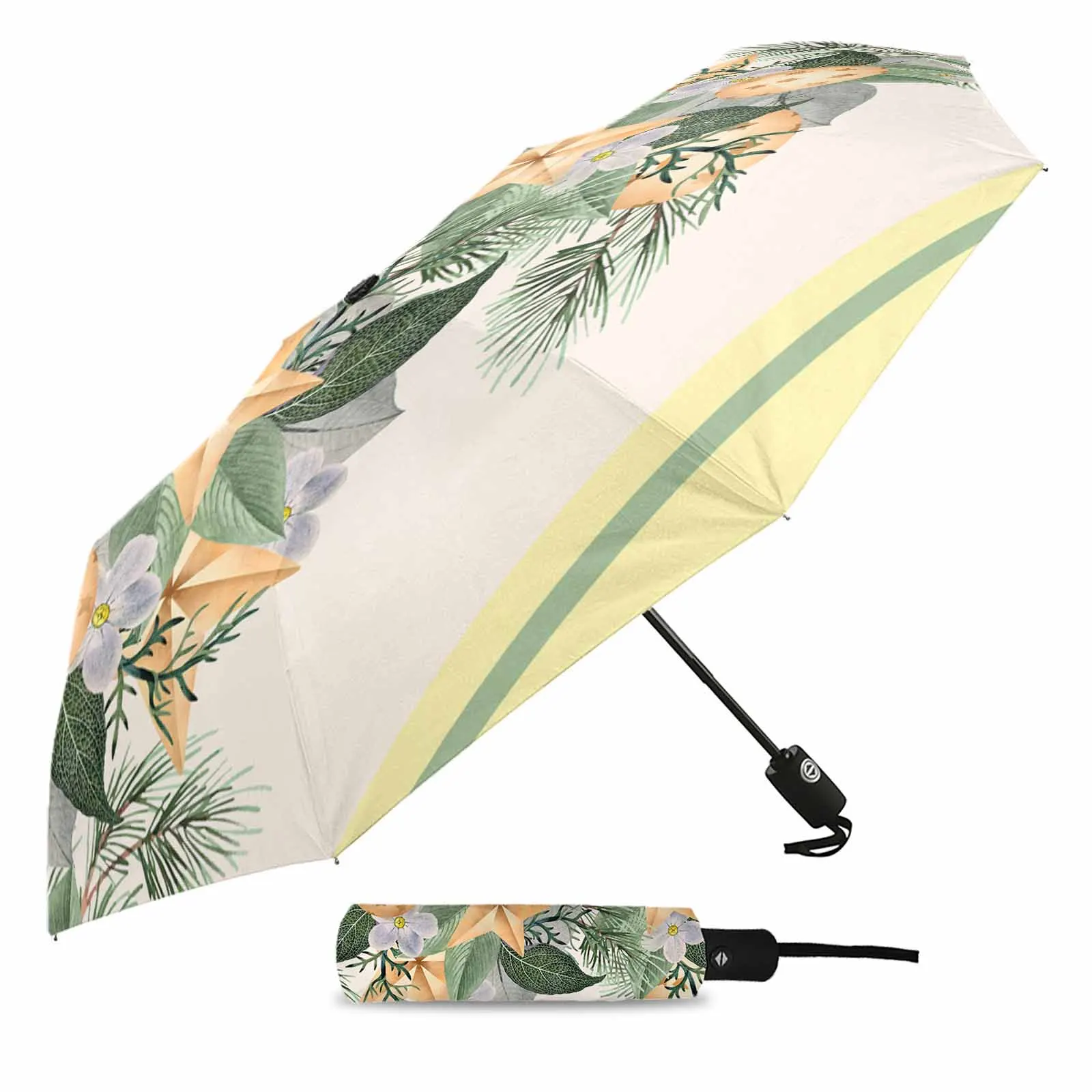 Christmas Plants Pine Needles Lantern Balls Stars Outdoor Printed Rain Umbrella for Women Fully-automatic Foldable Sun Umbrella