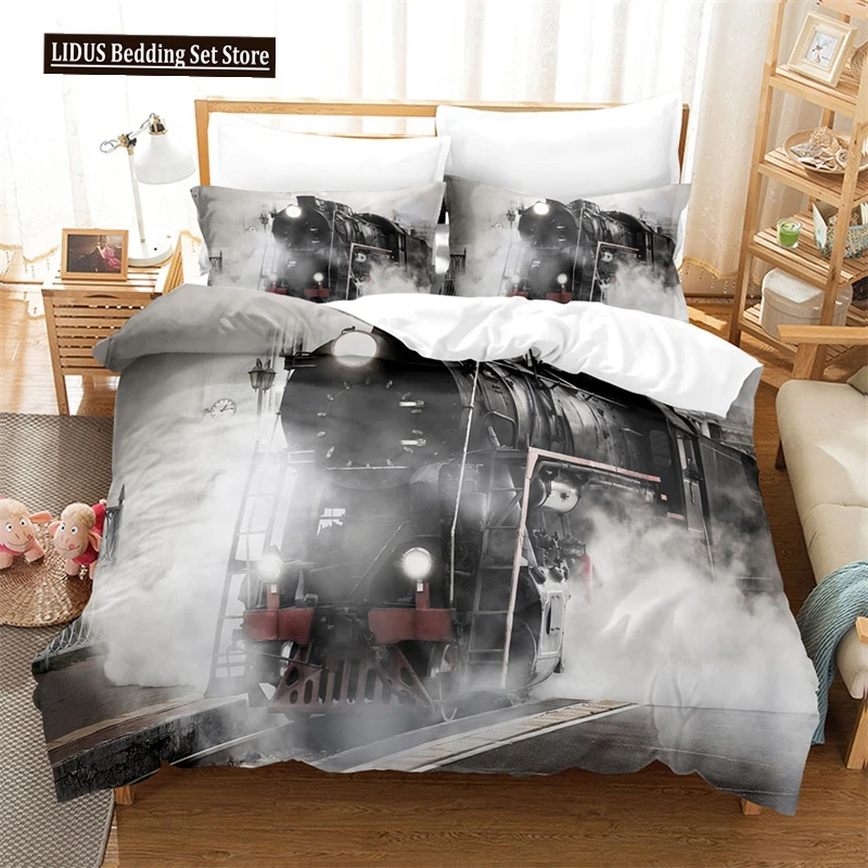 Train Duvet Cover Full Size Boys Steam Engine Bedding Set Microfiber 3D Rail Vehicles Comforter Cover For Boys Teens Room Decor