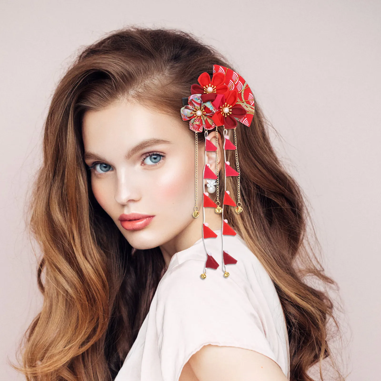 1Pcs Japanese Aesthetic Hair Clip Long Tassel Floral Embellishment Lightweight Safe Hair Accessory for Wedding Ceremony Travel