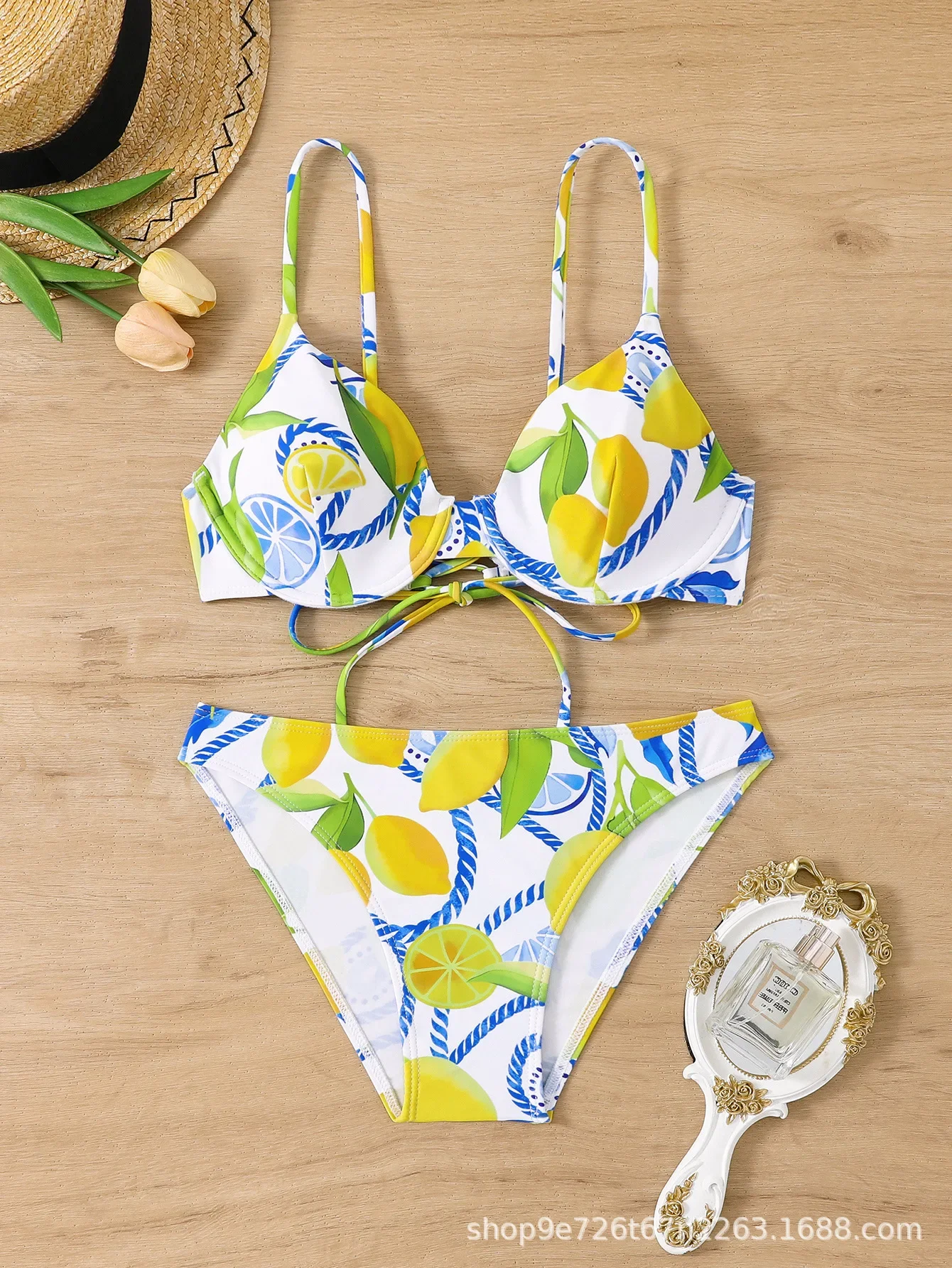 

2025 Sexy Lemon Print Bikini Set Tropical Two-Piece Swimwear Brazilian Cheeky Panties Triangle Top Sexy Straps Holiday Beachwear