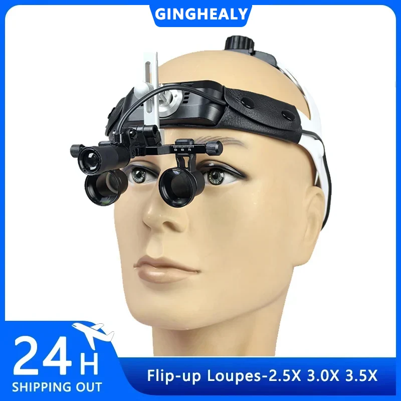 Ginghealy dent medical 2.5X 3.0X 3.5X galilean loupes head-mounted magnifying glass for clear vision adjustable IPD with light