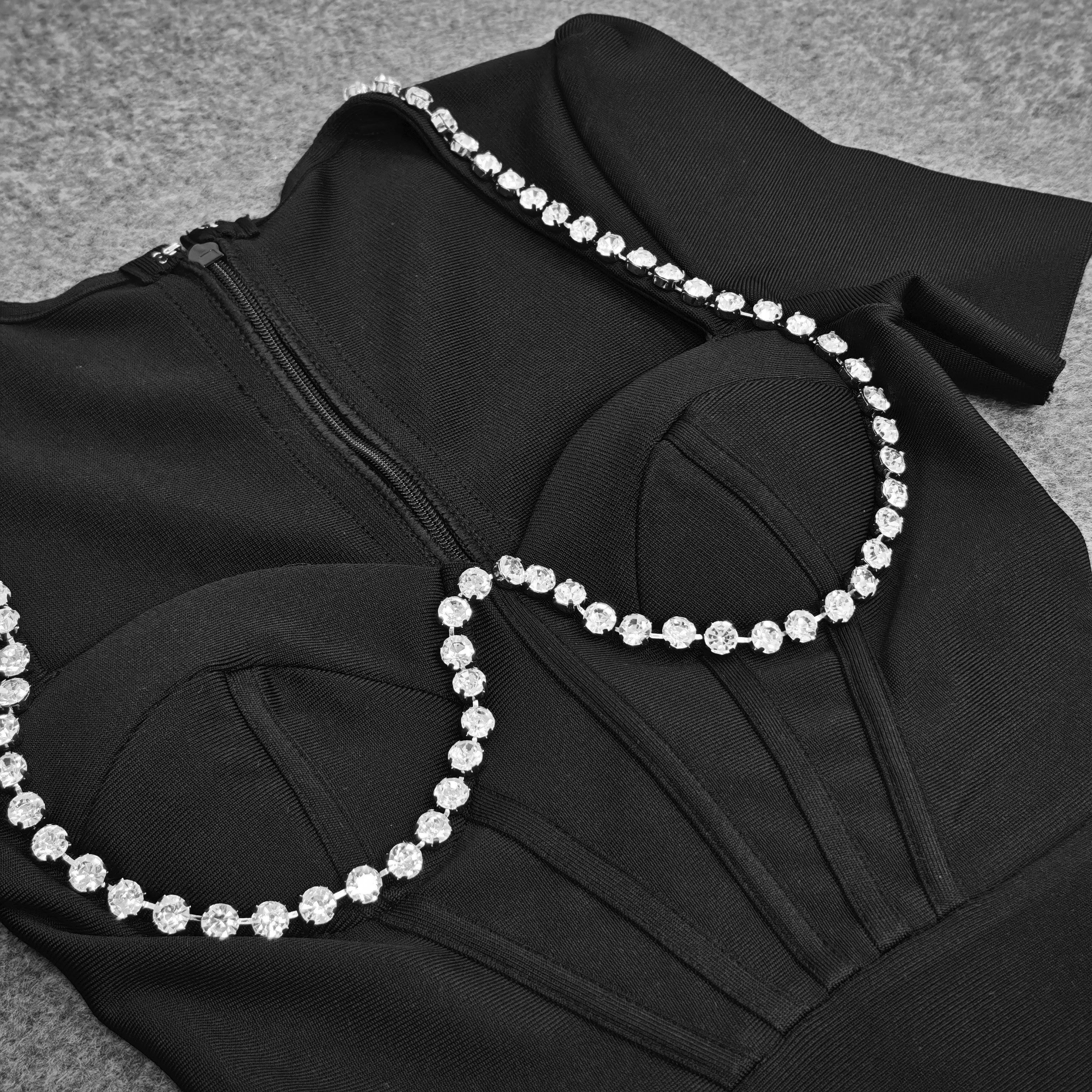 Nowa seksowna sukienka damska z głębokim dekoltem, zdobiona diamentami, dopasowana, w stylu gwiazd, z bandażami, idealna na imprezy i wieczorne wyjścia.