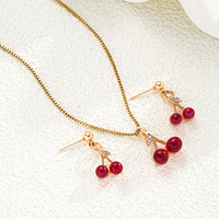 3PCS Red Cherry Pendant Stainless Steel Necklace Earrings for Women Fashion Gold Color Box Chain Necklaces Earrings Sets Jewelry