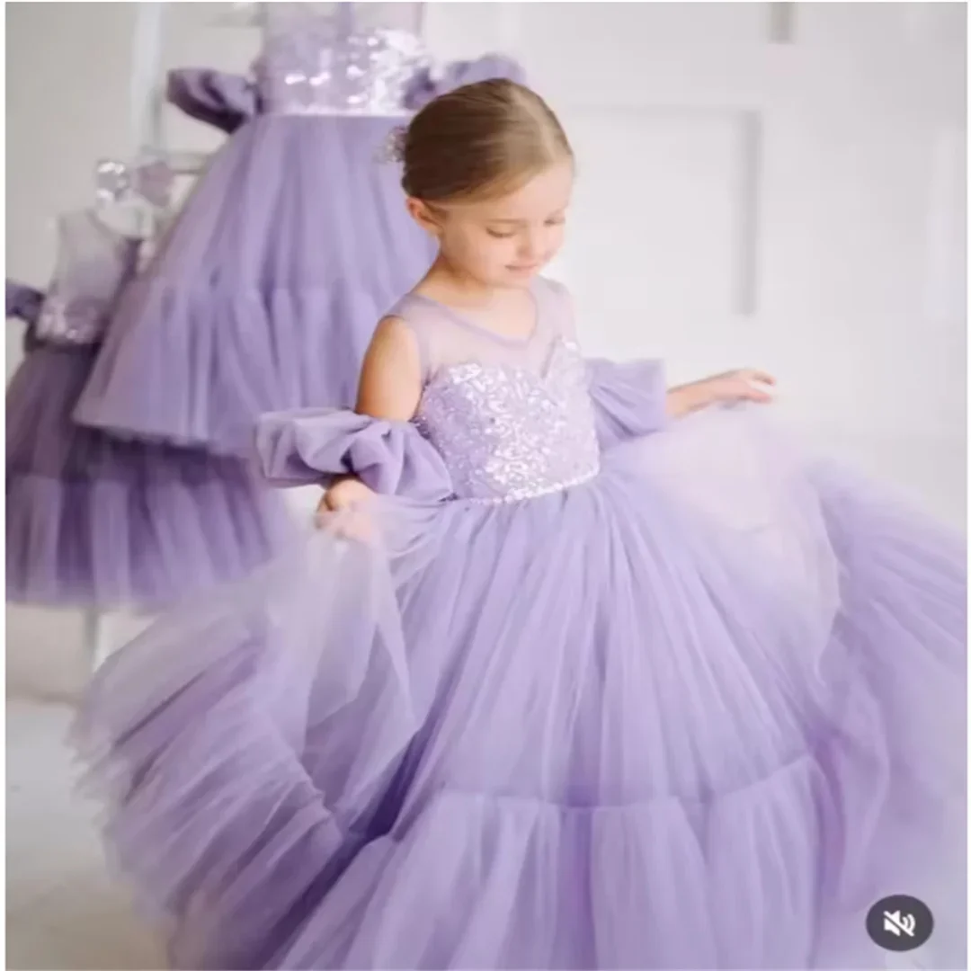 

Girls Sleeveless Dress with Sheer Off Shoulder Puff Sleeves Sequin Embellished Bodice Tulle Skirt Princess Gown for Party Weddi