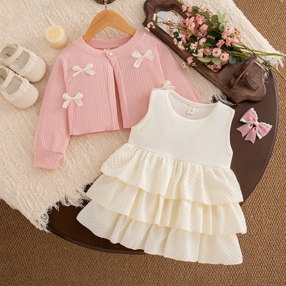 2pc Sweet Beauty Baby Dress Set Autumn/Winter New Cardigan Coat+Vest Dress 3-18 Months Cute Baby Daily Wear Casual Outing Dress