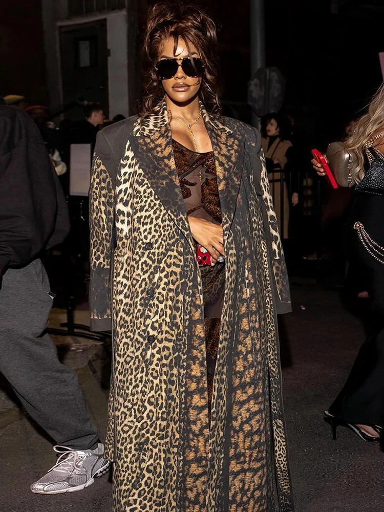 

Nibber Lapel Trench Coat Woman Leopard Print High Waist Autumn Trend Bandage Cardigan Full Sleeve Street Fashion Style Clothing