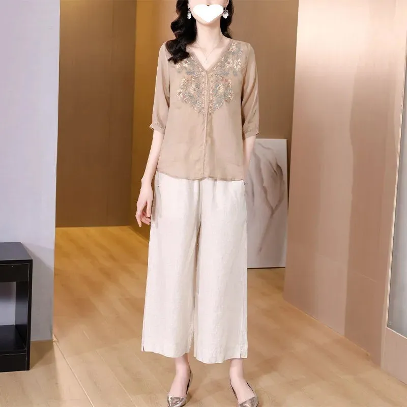 

Модный хлопково-льняной комплект: женский летний новый ретро-костюм с художественной вышивкой, топ и широкие брюки, комплект из двух предметов в стиле ретро