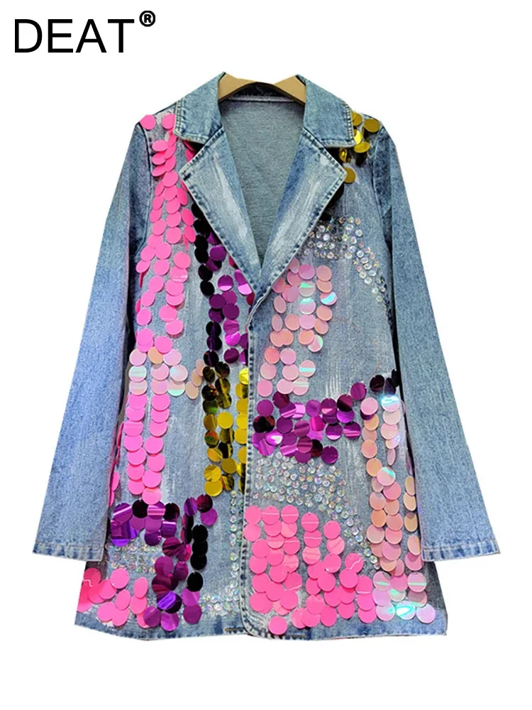 DEAT Women\'s Denim Suit Coat Pink Sequins Crystal Single Breasted Asymmetric Hand-Painted Blazer 2024 Autumn New Fashion 29L7127