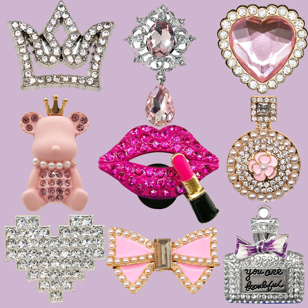 1/9PCS Girls Metal Shoe Charms Crown Lipstick Perfume Bear Heart Bow Ties Pins Clog Jeans for Women Girls Shoe Clips Decorations