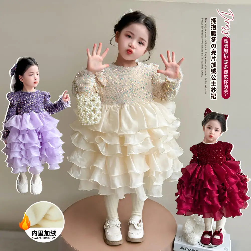

Girl Party Princess Tutu Gown Wedding Dress Velvet Multi-Layer for Kids Bow Long Sleeve New Year Clothes Birthday Gift Costume