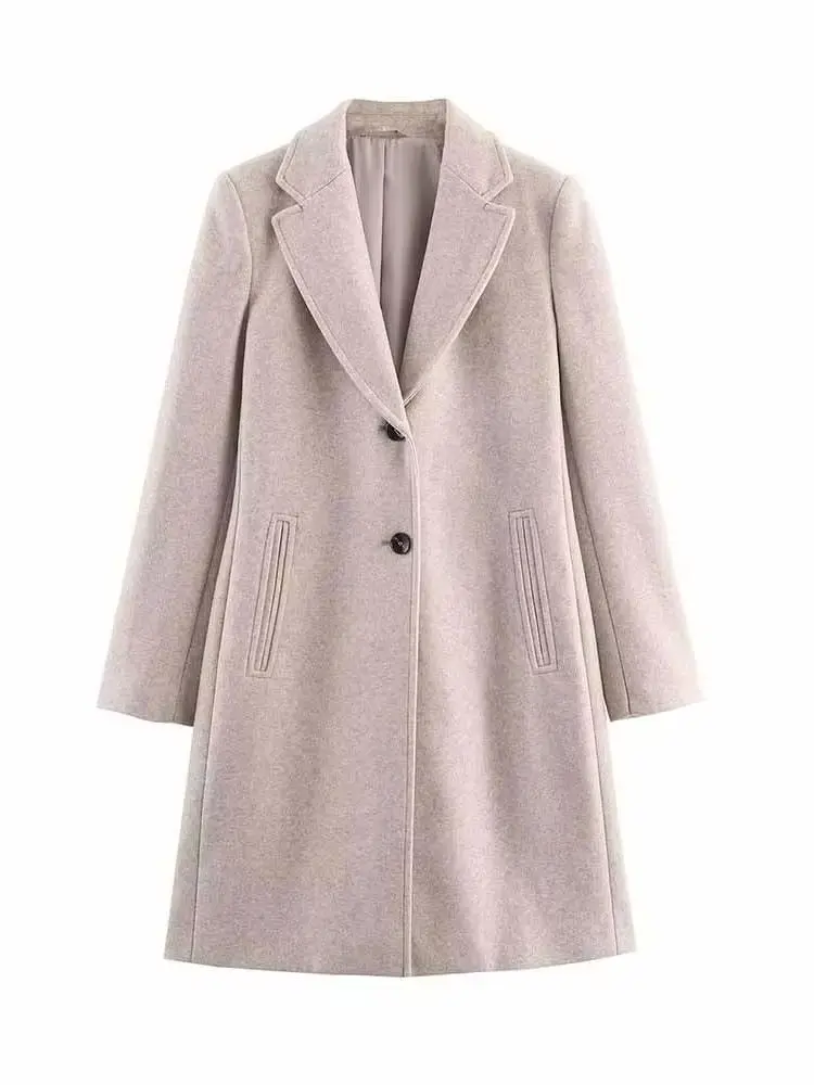 여성 겨울 패션 긴 소매 라펠 부드러운 원단 어깨 패드 싱글 브레스티드 롱 코트 여성 캐주얼 출퇴근 코트