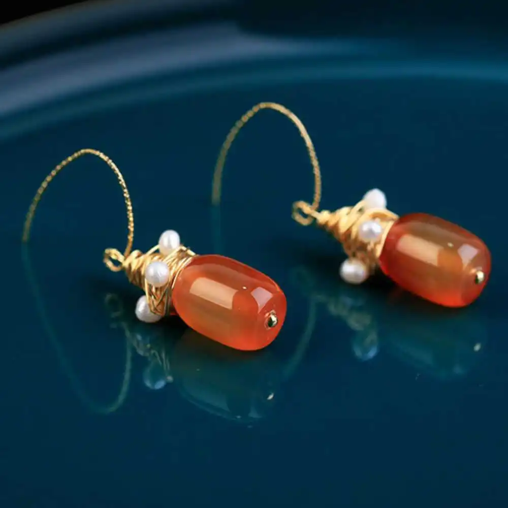 New Natural Red Agate bucket beads Earrings Rice pearls Classic New Party Aquaculture