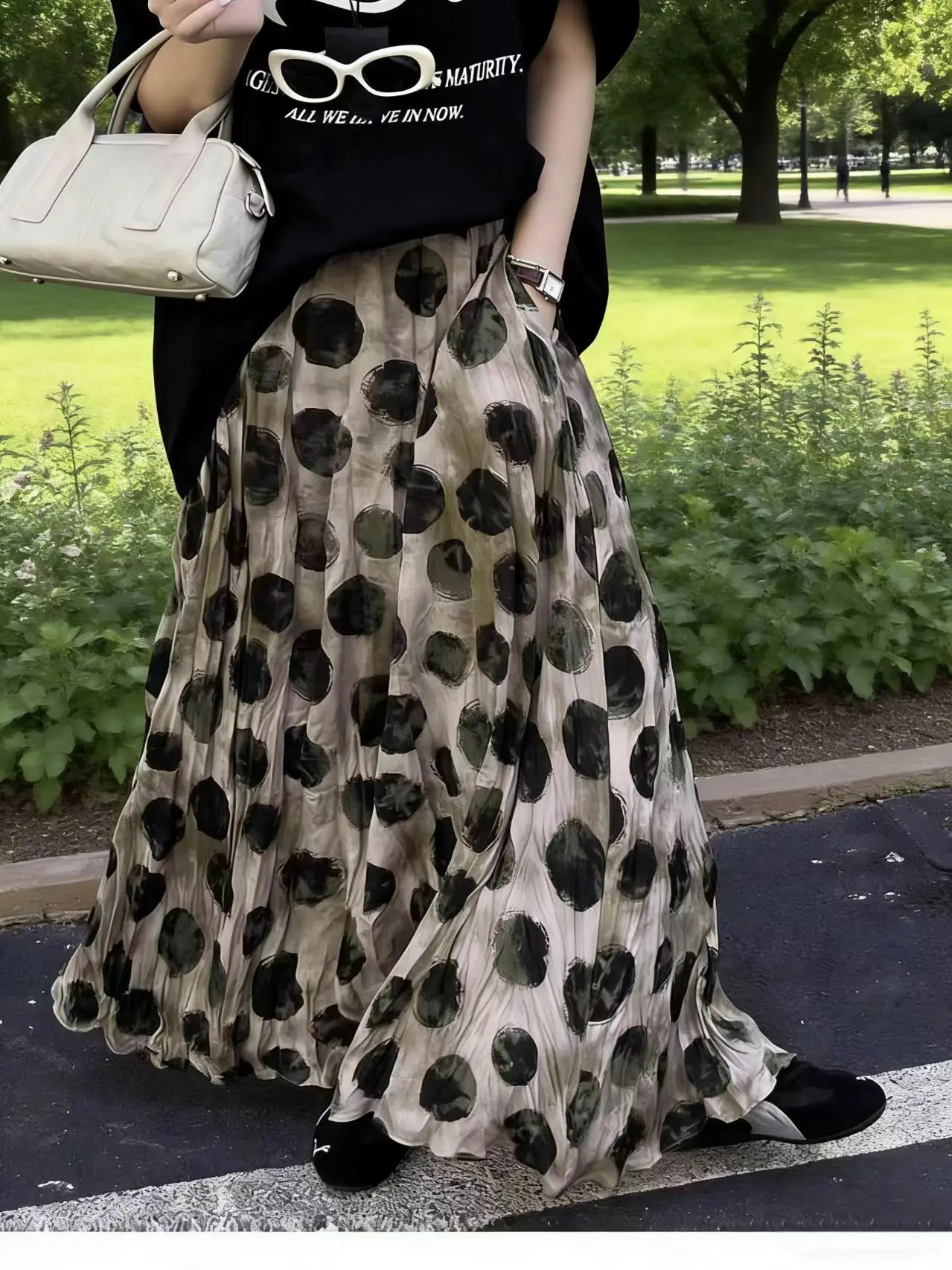 High Waist A-Line Midi Skirt Elegant Pleated plus Size Vintage Polka Dot Half-length Versatile Skirt for Ladies Polyester Fiber