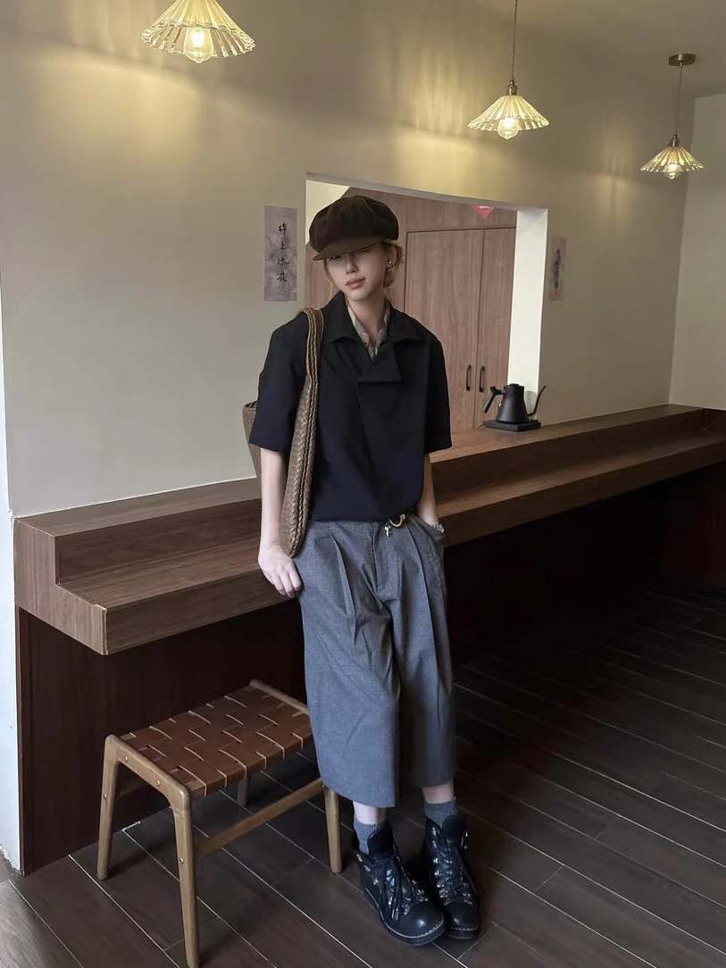 

Retro Suede Pleated Plaid Splicing Seven-Foot Pants Loose Fit Casual Loose American Sle Daily Wear Pure Color Swordplay
