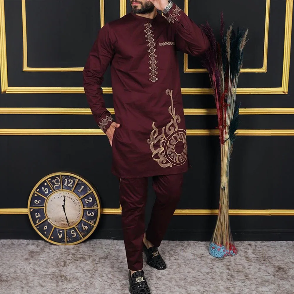 Summer New Dashiki National Dress African Men\'s Embroidery Top And Trousers Suit Wedding Dress Sunday Prayer Casual Slim Suit