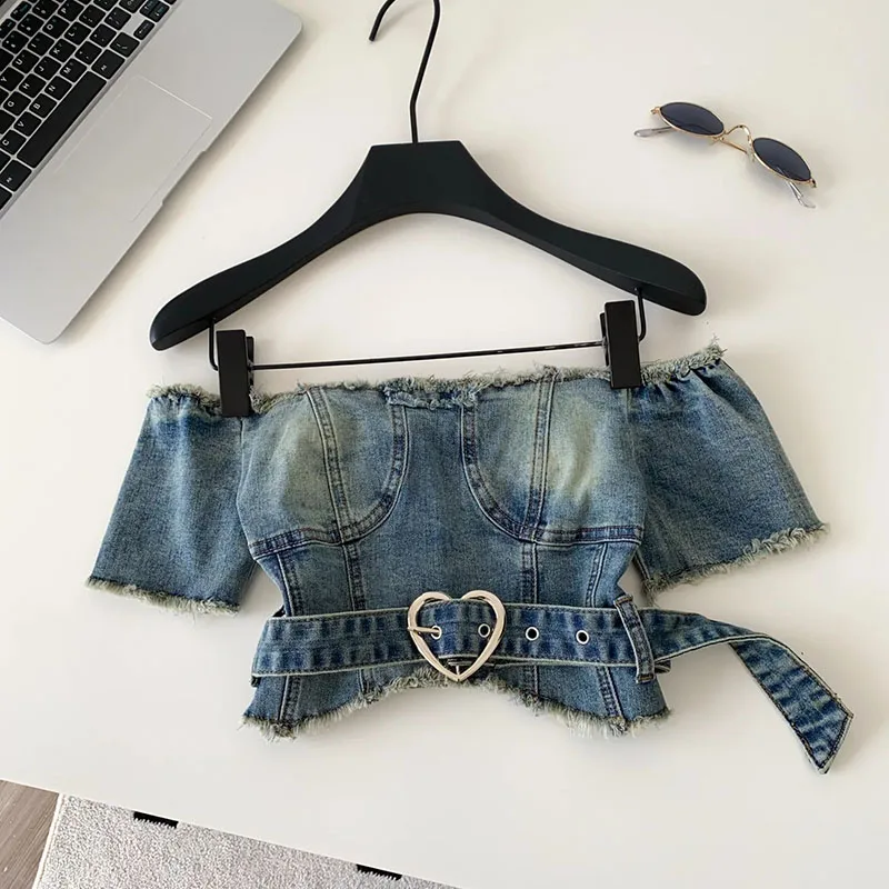 

Off Shoulder Denim Tops Ladies Heart Metal Design Sashes Raw Hem Slim Shirt Summer 2026 Clean Girl Sensual Crop Top