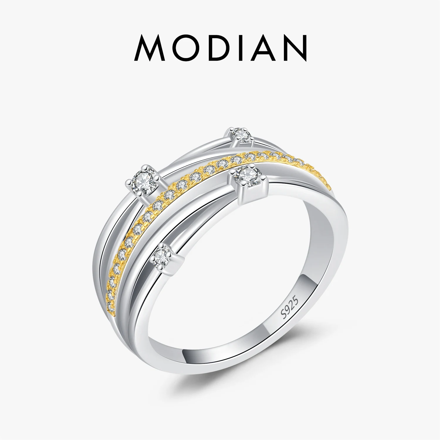 MODIAN 925 Sterling Silver Luxury Contrasting Colors Ring Trendy Twist Line CZ Finger Rings For Women Fine Jewelry