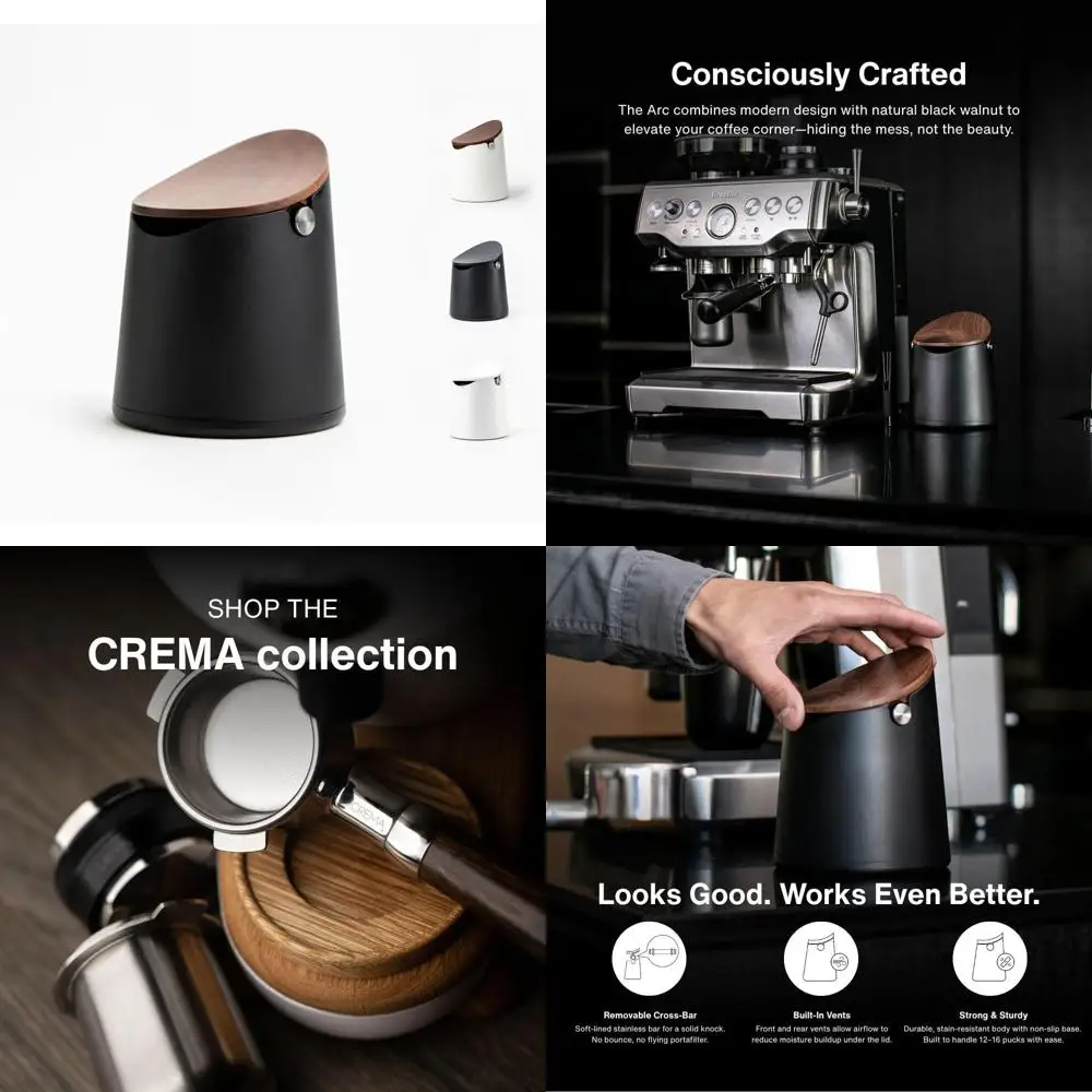 

CREMA Coffee Products Arc Knock Box for 12-16 Espresso Pucks: Durable, Stain-Resistant with Non-Slip Base and Elegant Walnut Fin