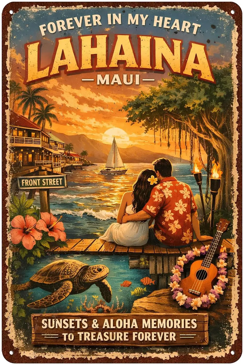 Rustic Vintage Maui Hawaii Tin Sign, Front Street Coastal Sunset Couple Hibiscus Sea Creature Ukulele Tropical Metal Wall Decor,