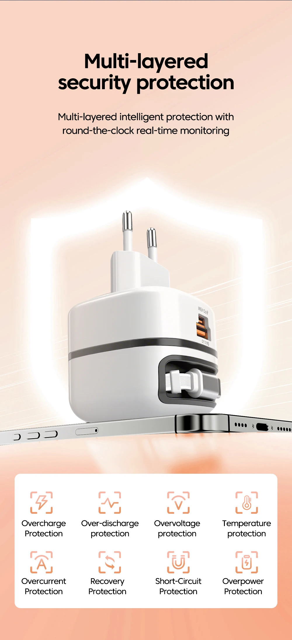 Cargador de carga rápida de 65W, adaptador de corriente para teléfono móvil con cable tipo C retráctil para iPhone 16, 1