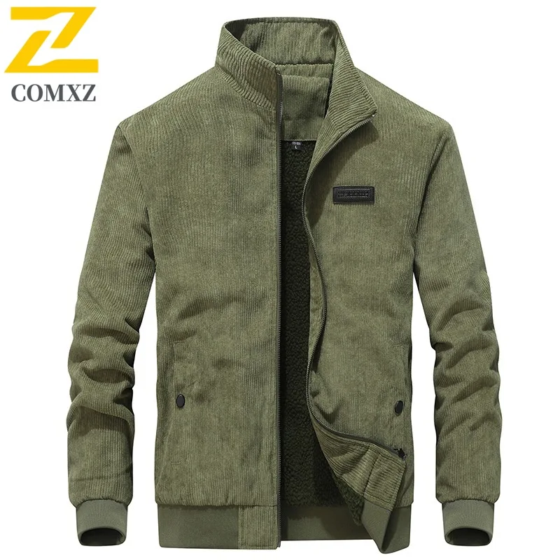 

COMXZ Men Jacket 2025 Fleece Lined Corduroy Turndown Collar Outdoor Jogging Travel Casual Jacket with No Hood Autumn Trendy Coat