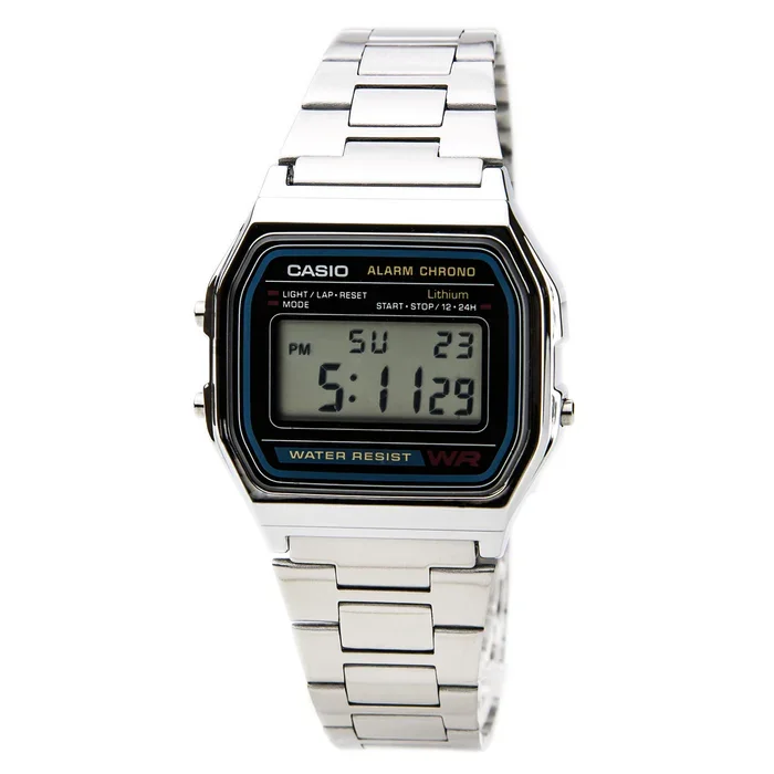Casio A-158WA1 Stainless Steel Bracelet Watch, featuring durable resin case, 7-year battery life with CR2016, waterproof, LED light, chronometer, daily alarm, and automatic calendar, perfect for men's everyday wear.
