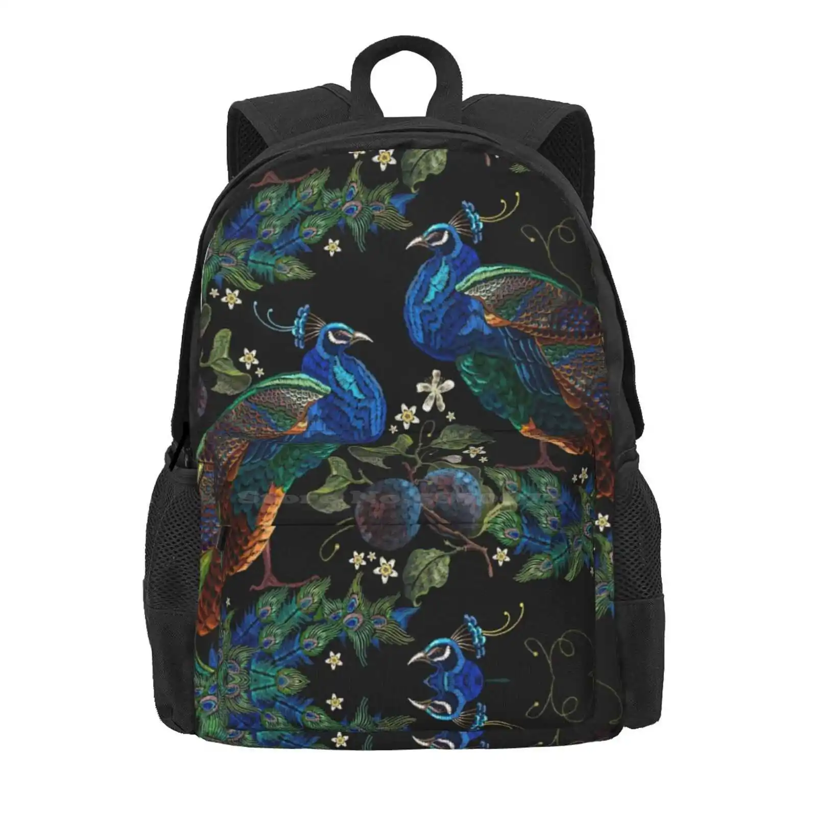 Embroidery Peacocks Hot Sale Schoolbag Backpack Fashion Bags Avian Beautiful Beauty Bird Cockerel Colorful Decorative Elegance