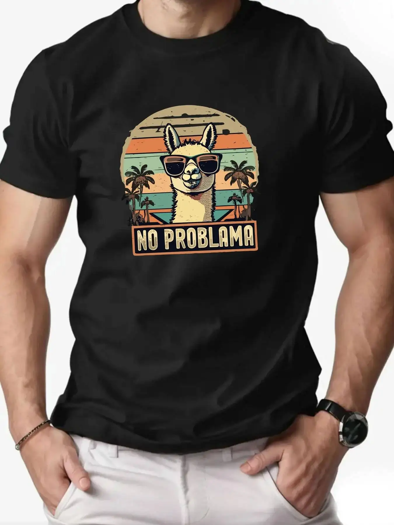 No Problem At All. Alpaca Print Men Woment T-Shirt Summer Autumn Daily Party Loose Street Short Sleeve 100% Cotton Trendy Y2K