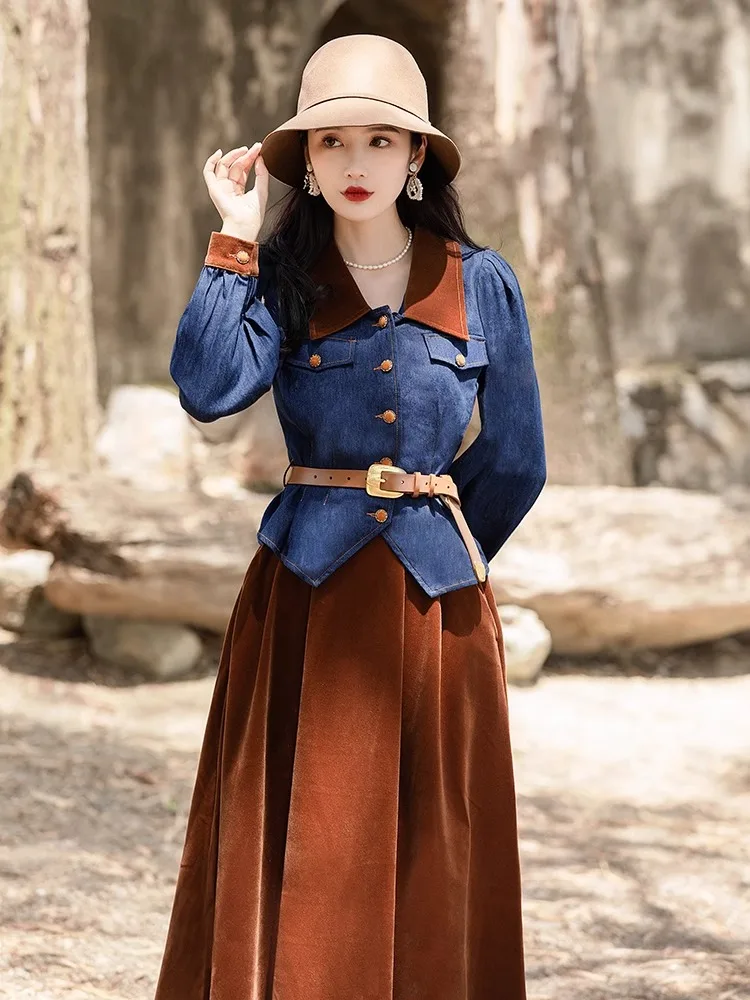 SAYTHEN New 2023 set of high-end denim shirts for autumn and winter, paired with a two-piece skirt and free belt