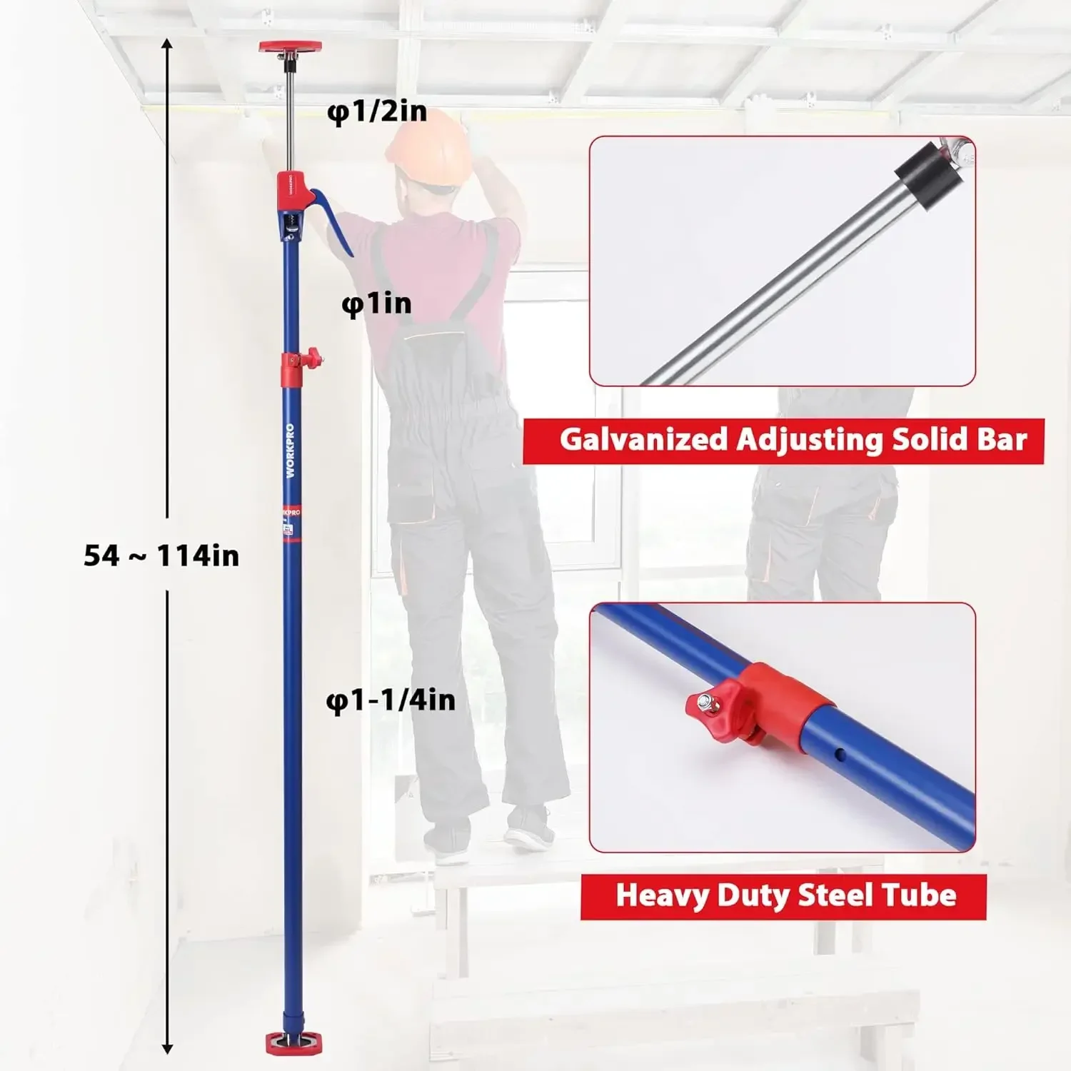 Cabinet Jack Support Pole, 54-114 Inches Steel Telescopic Quick Support Rod Adjustable 3rd Hand Support System with 154 lbs Capa