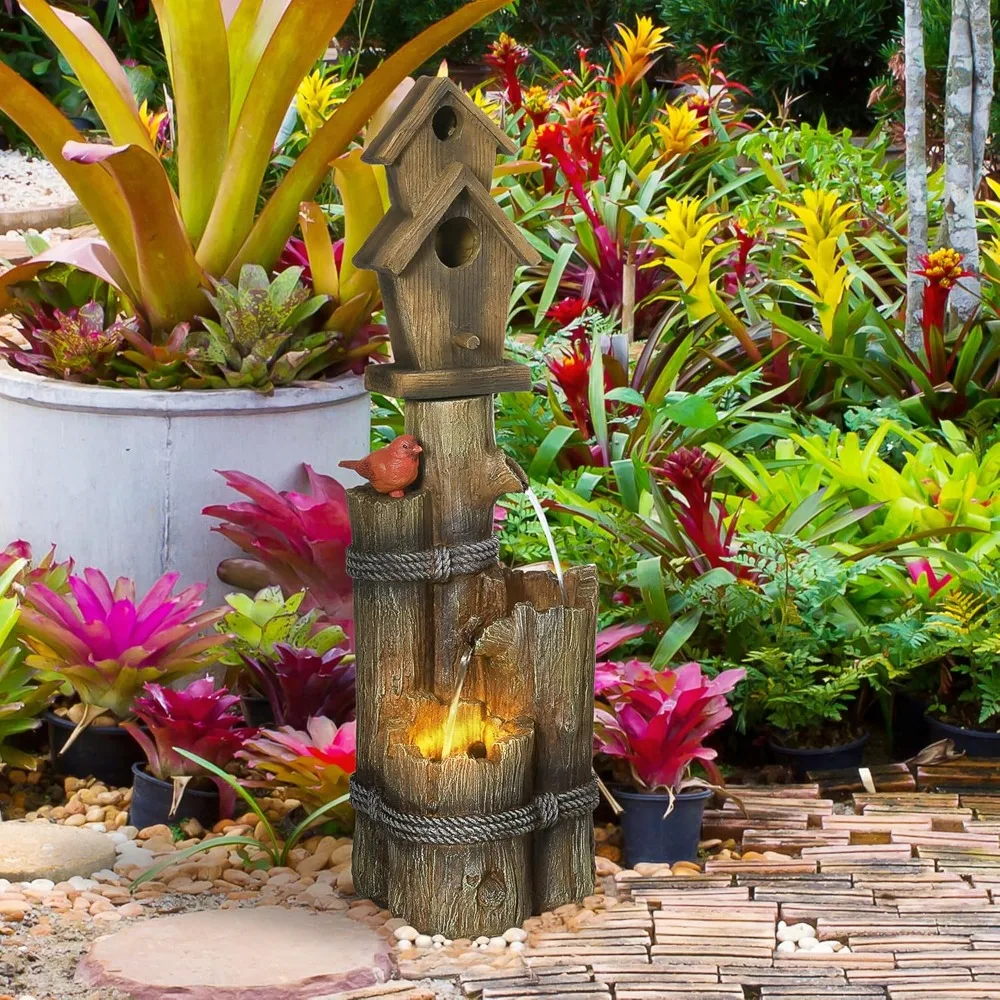

Outdoor Fountain with Birdhouse, Cascading Garden Waterfall Bird Bath with 3-Tier Rustic Tree Trunk/Log Design