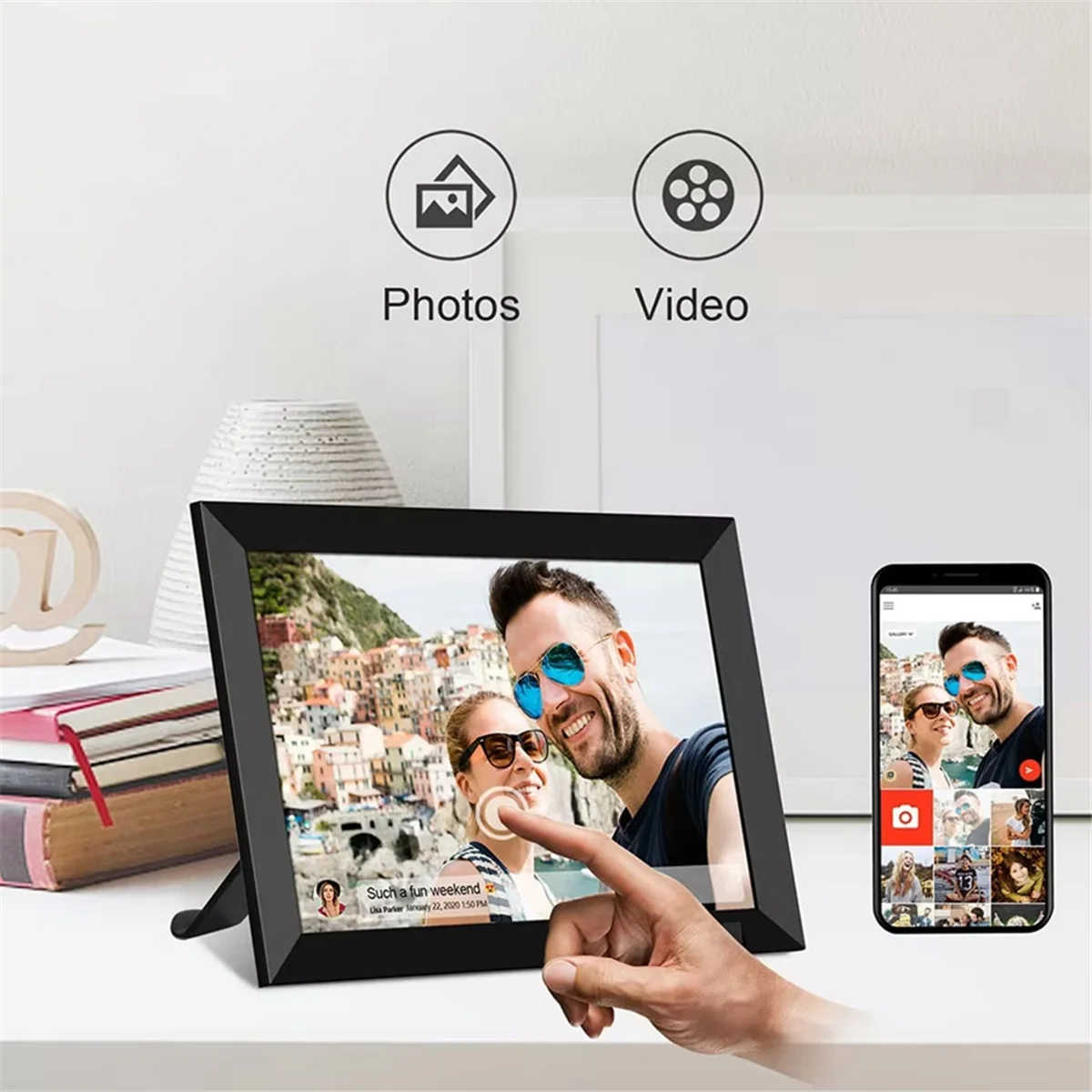 A002 Digital Picture Frame 10.1In 32G WiFi Photo Frame 1280x800 HD IPS Touch-Screen Auto Rotation Photo Sharing Via APP (UK)