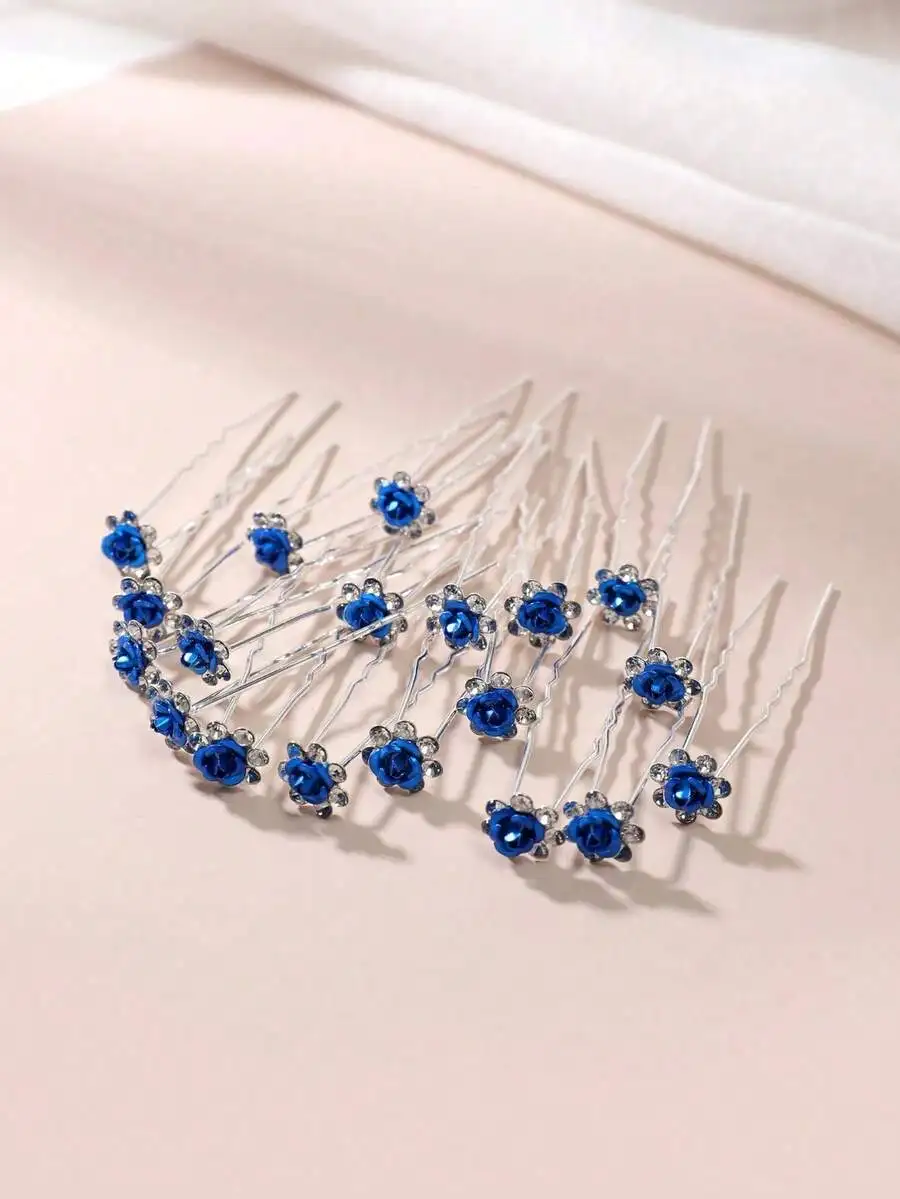 

20pcs navy blue rose hair clips with rhinestones, metal floral pins for buns braids and updos, elegant wedding party ball access