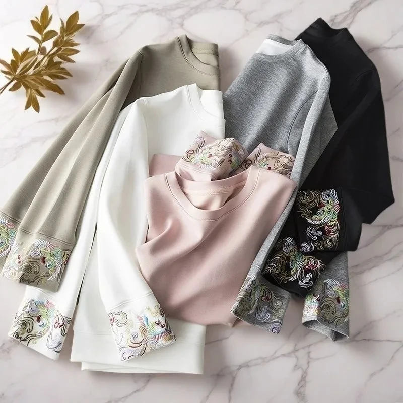 

Теплая вышитая базовая кофта с длинным рукавом для осени и зимы, новая модель, для повседневной носки, художественный дизайн, женский топ из качественных материалов, круглый вырез