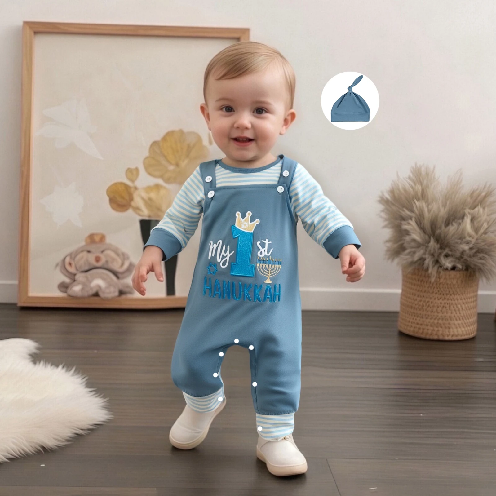 

Одежда для малышей, одежда для Хануки, полосатый комбинезон с длинными рукавами, комбинезон с вышивкой букв, брюки и шапка, наряд из 3 предметов