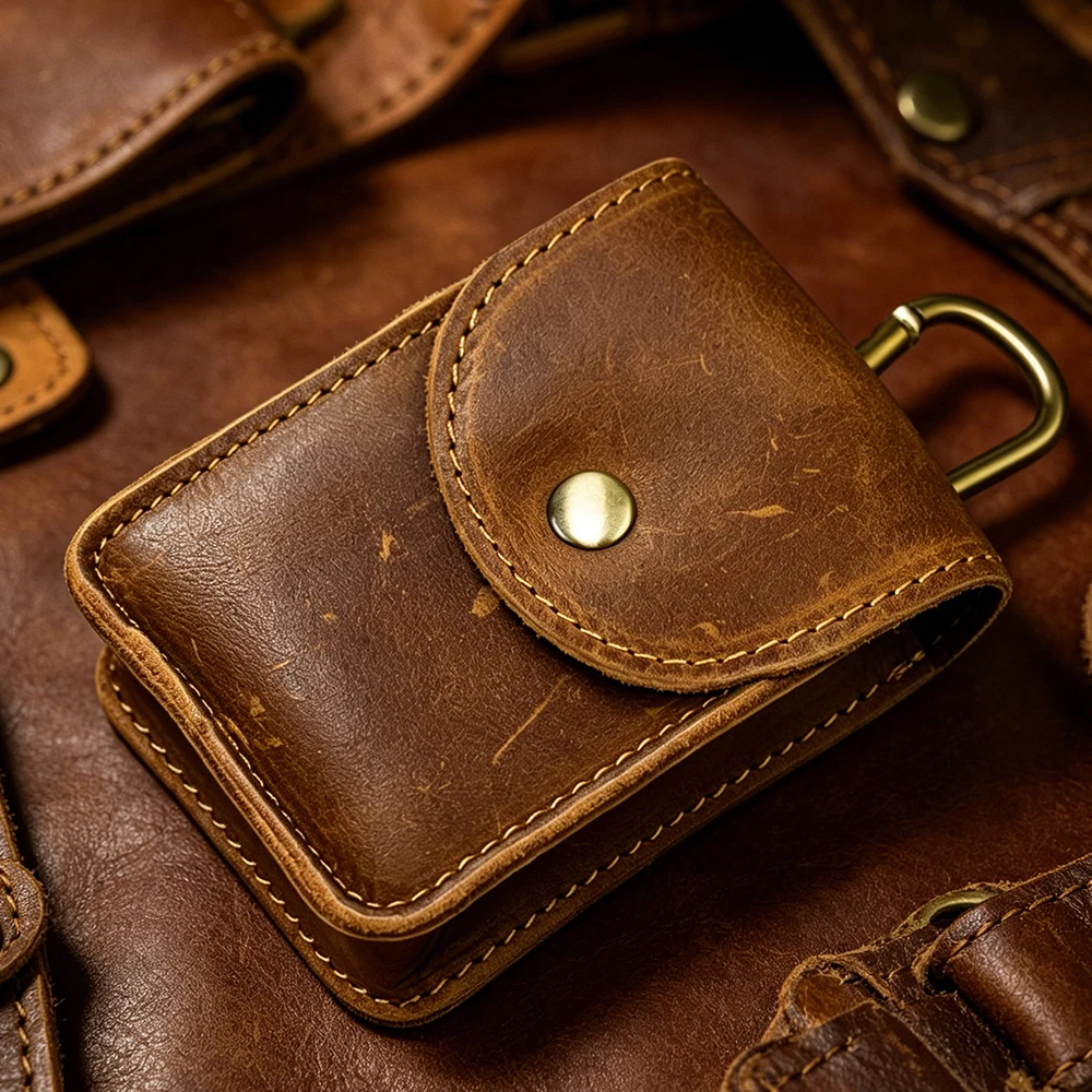 

Genuine Leather Men's Wallet Retro Handmade Elderly Folding Reading Glasses Bag Headphone Bag Unisex Card Holder Purses