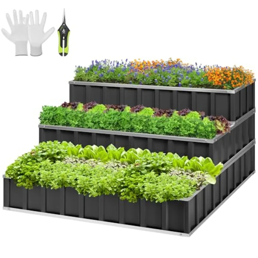

3-Tier Metal Raised Garden Bed 46" x 46" x 24" Galvanized Steel Metal Outdoor Planter Box with Gloves and Scissors to Grow Flow