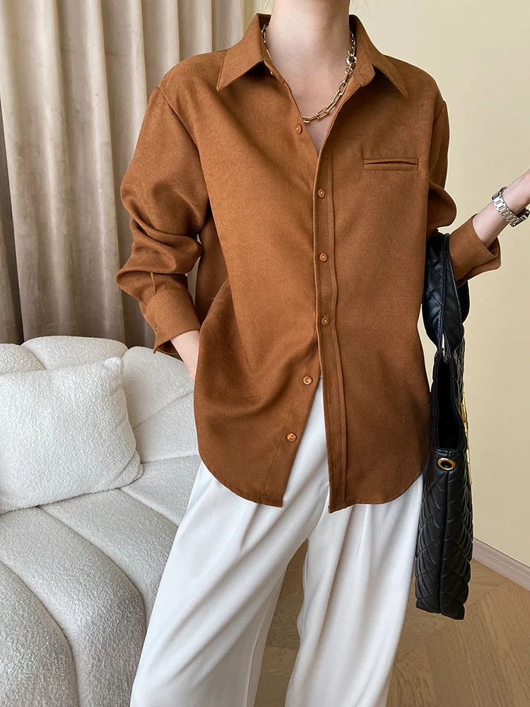 

Women Caramel Color Big Size Elegant Blouse New Lapel Long Sleeve Loose Fit Shirt Fashion Tide Spring Autumn O606