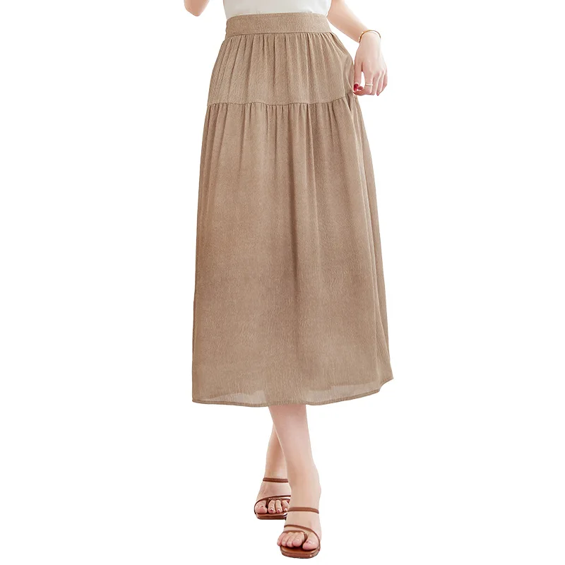 

TAJIYANE 100% Шелковая юбка из тутового шелкопряда, женская юбка-миди из креп-жатки с эластичным поясом, А-силуэт, летняя женская одежда 2026